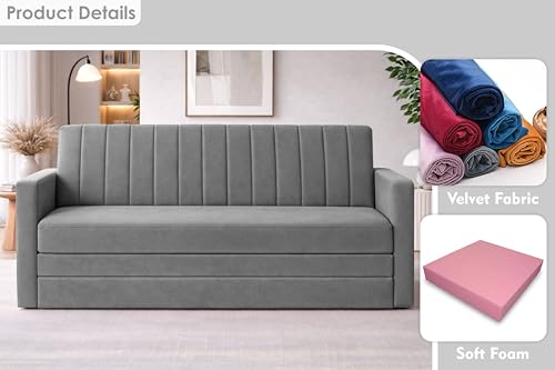 Image of Rosebell Foldable Sofa-Cum-Bed | Three-in-One Convertible Couch with Armrest | Modern Velvet Fabric Sofa for Living Room, Bedroom & Office-Grey-Color