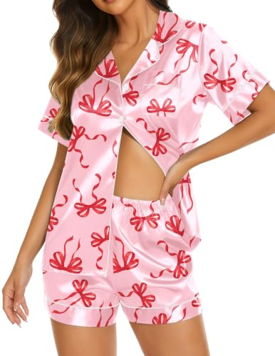 Image of Ekouaer Womens Pajamas Silk Satin Short Sleeve Button Down Pjs Shorts Set