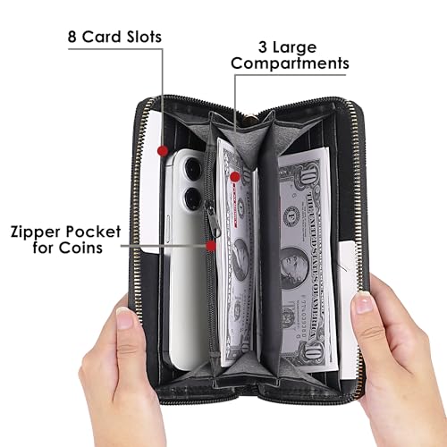 Checkered Zip-Around Wallet for Women, Faux Leather Credit Card and Cash Holder, Long Clutch Phone Purse, Black3