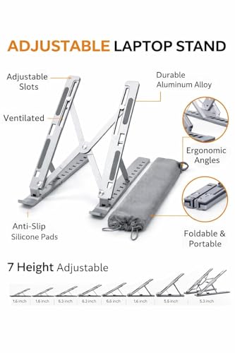 Image of KATYAYANI Adjustable Laptop Stand for Desk | Portable & Foldable Aluminium Laptop| Heat-Dissipation, 7-Level Height Adjustable Holder | Compatible with 10-17 Inch Laptops, Tablets Carry Pouch Included