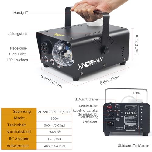 Nebelmaschine, Xndryan 600W Profi Nebel Maschine mit Stroboskoplicht & Fernbedienung, Tragbare Rauchmaschine für Hausparty, Hochzeiten, Disco, Halloween, Weihnachten
