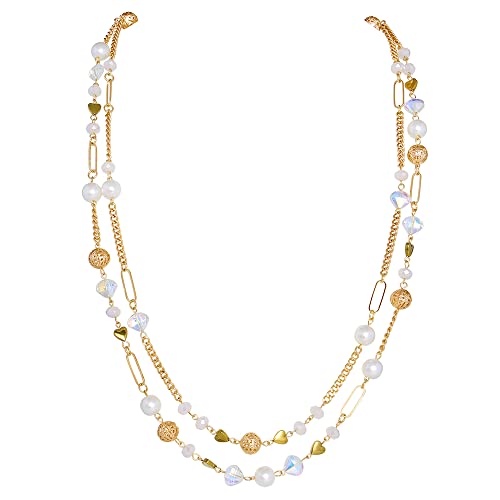 Bocar Collana con perline, collana a catena lunga a 2 strati con perline di cristallo per donne, girocollo, idea regalo, Cristallo Vetro Acrilico, Cristallo