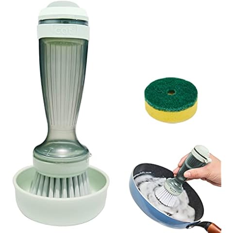 Soap Dispensing Dish Brush with Stand and Changeable Sponge Brush Head, Kitchen Cleaning Brush with Soap Dispenser, Washing up Brush Kitchen Scrubbing Brush Grease Removal Brush for Pot Dishes Pans Cover