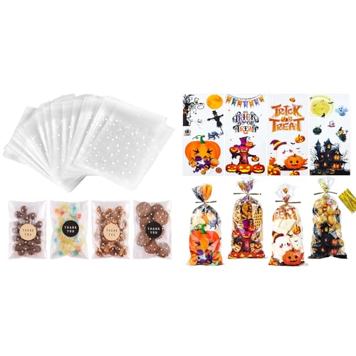Bundle of 100PACK Self Adhesive Cookie Bags and Halloween Treat Bags with Ties for Party Favors, Bakery, Candy, Popcorn