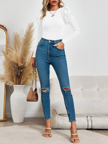 Image of Tankaneo Womens Ruffle Long Sleeve Shirts Fitted Ribbed Knit Tops Fall Casual Crew Neck Tees