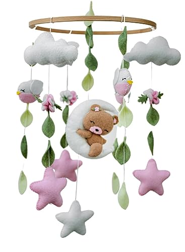 Image of Girl's Pink Bear Mobile for Crib, Felt Ball Crib Mobile with Stars and Birds , Nursery Decor