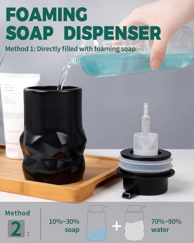 Image of BosilunLife Hand Soap Dispenser - Foam Soap Dispenser Bathroom Ceramic Dish Liquid Soap Dispenser for Kitchen, Bathroom Countertop Soap Dispensers (Black-Foam-Sculpt)