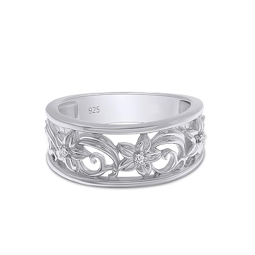 AFFY Round Cut White Cubic Zirconia Floral Filigree Wedding Bands Ring In 14K Gold Over Sterling Silver Jewelry for Women
