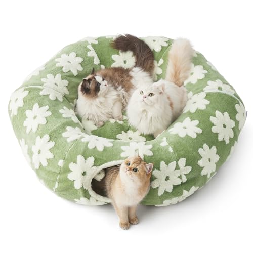 Image of Lesure Large Cat Tunnel Bed - Cute Donut Bed for Indoor Cats with Washable Circle Cushion, Round Pet Peekaboo Cave Toy for Multi Kitten /Puppy /Rabbit, Large Flower Garden Green