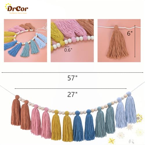 Image of DrCor Boho Tassel Garland Earth Rainbow Nursery Decor - Cotton Wall Hanging
