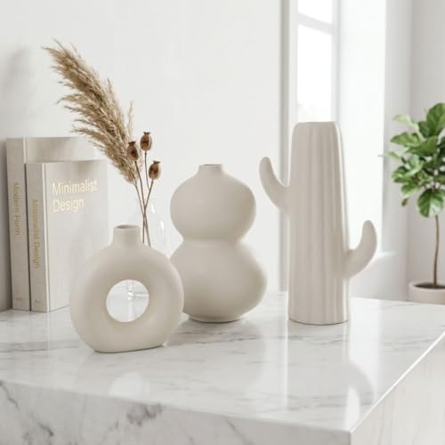 Image of Modern Ceramic Vase Set of 3 | Nordic Minimalist Donut & Abstract Design Decorative Flower Vases | Matte White Home Decor for Living Room, Table, Shelf & Office | Pampas & Dried Flower Vase