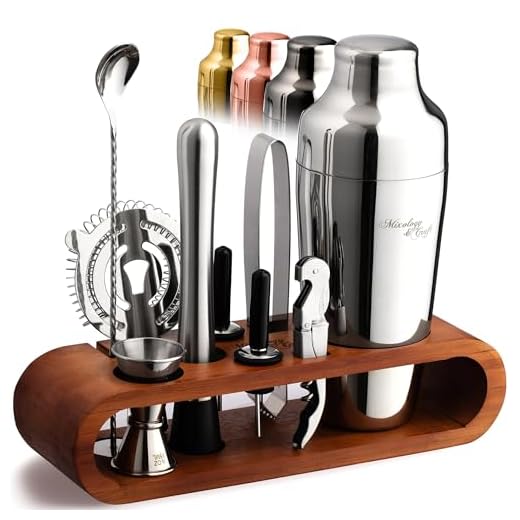 Mixology Bartender Kit: 10-Piece Bar Set Cocktail Shaker Set with Stylish Mahogany Stand | Perfect Home Bartending Kit with Bar Tools and Martini Shaker for Foolproof Drink Mixing (Silver)