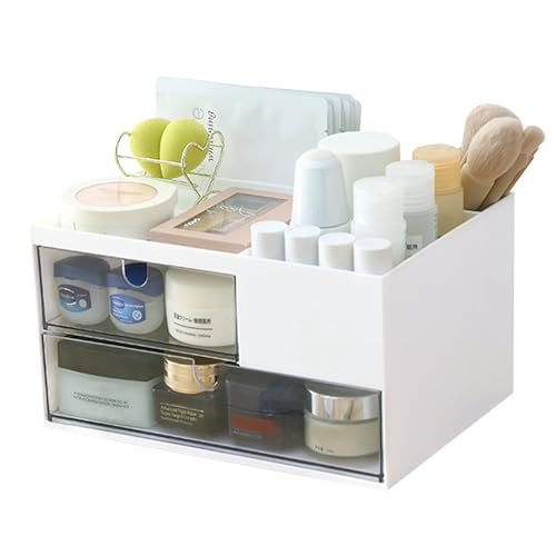 MILULUGO Makeup Organizer with 2 Drawers, Desk Organizer, 4 Compartments, Cosmetics Storage Box for nail polish,Lipstick, Brushes, Jewelry, Skincare, Bathroom Organization Boxes - White
