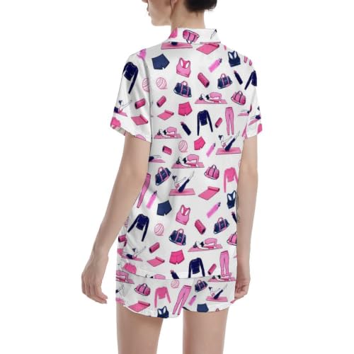 Image of Funny Pajamas for Women Set Print Satin Loungewear Pjs Short Sleeve Button Down Top and Shorts Sets Sleepwear XS-3XL