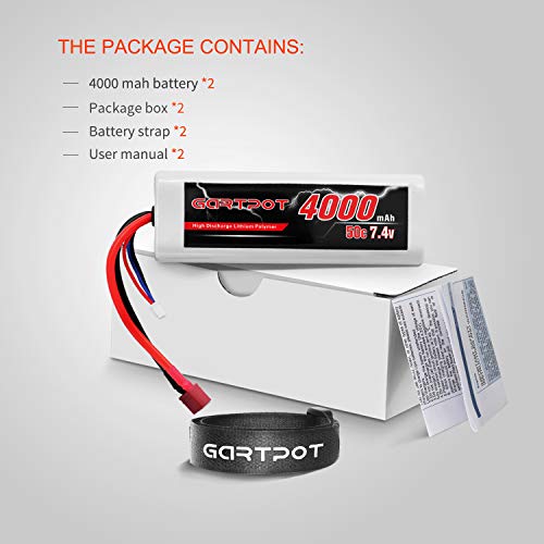 GARTPOT 2S 4000mAh 7.4V 50C RC LiPo Battery Hardcase with T Plug for Tamiya TT01 TT02 RC Vehicles Truck Losi Slash Buggy Racing Hobby (2 Pack)