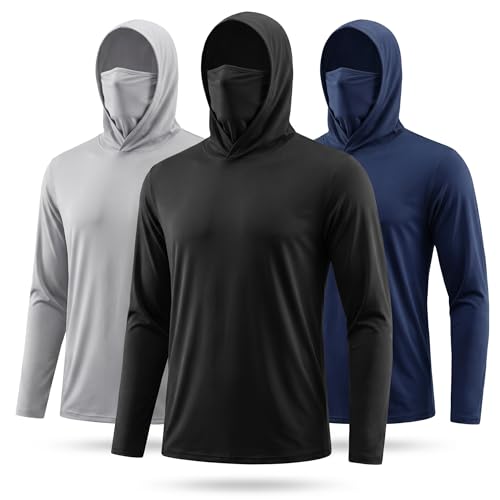 3-Piece Athletic Hooded Shirts Set Long Sleeve Performance Tops with Built-in Face Cover Black Navy Gray (US Alpha Large Regular Regular Black+Grey+BlueSelf-Cultivation)