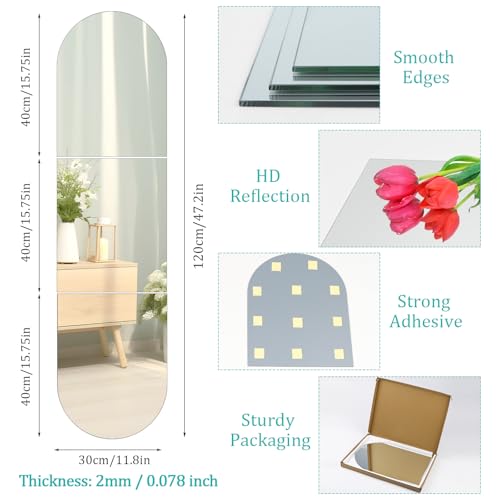 Arched Full Length Mirror Wall Mounted 16''x12'' x 3PCS Frameless Glass Full Body Mirror Tiles for Wall, Door, Living Room, Bathroom, Bedroom, Cloakroom, Entryway Decor - Image 3
