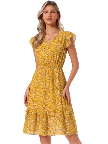 Image of Allegra K Women's Floral Dress Spring Summer V Neck Flutter Sleeve Ruffle Casual Smocked Knee Length Dresses