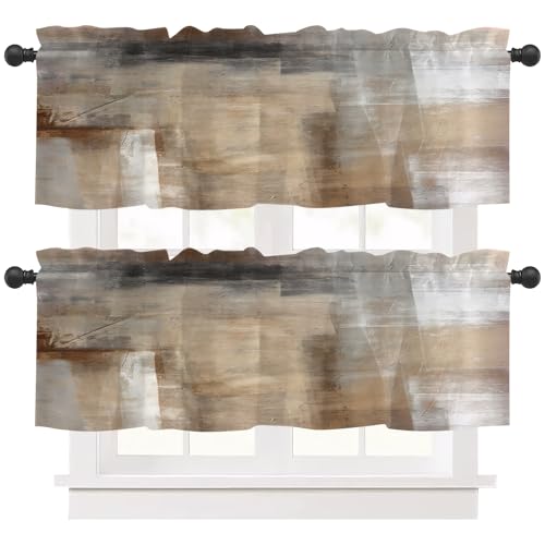 Kitchen Valances Modern Window Treatment Acrylic Painting Tier Curtains Abstract Art Topper Curtain for Living Room Bedroom Cafe Pack of 2 Light Brown