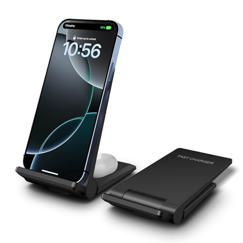 Wireless Charger, 2 in 1 Wireless Charging Stand Dock 20W Fast Charging Compatible with iPhone 16 15 14 13 12 11 Pro Max XS,AirPods,for Samsung Galaxy S24/S23/S22/S21/S20,Note20/10,Galaxy Buds,Black