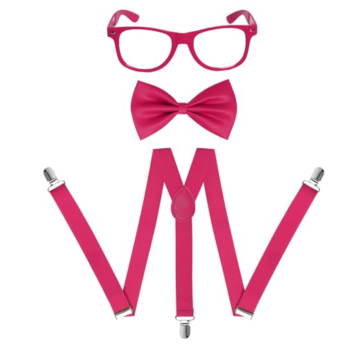 JTYKUYR Neon Suspenders Bow Tie Sunglasses Accessory Set for Kids Adults 80s Dress Up Costumes Clip on Suspenders Nerd Outfit