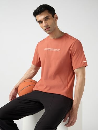 Image of TECHNOSPORT Men's Printed Slim Fit Henley Neck T-Shirt ELASTOLITE Half Sleeve Slip On Polyester for Gym Running Workout UPF50+ Anti Odour