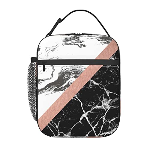 Marble Texture Modern Black Creamy Pink Gold Insulated Lunch Box For Women Man, Portable Lunch Bag Reusable Cooler Tote For Office Work Travel Picnic Camping Beach #TOP1