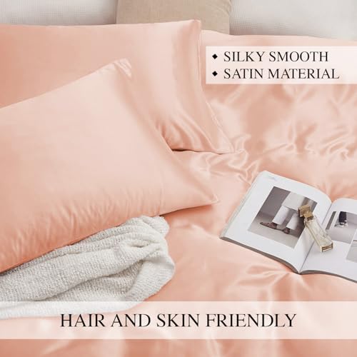 Image of Homestan Satin Bedsheet for King Size Bed with 2 Pillow Covers, Modern Bed Sheet for Romantic Nights(100x108 inches, Peach)