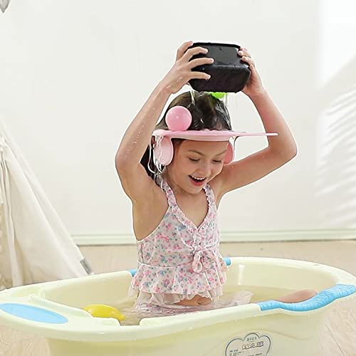 Image of Baby shower cap shampoo visor shield hat kids bath Washing Hair rinser Prevents Water from Pooling in Face for To protect the eyes and ears of toddlers and children (Pink)