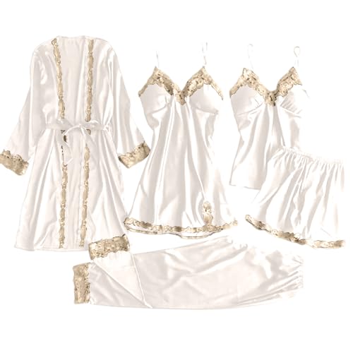 Ensemble pyjama femme satin blanc 5 pièces idée cadeau nuit élégante L