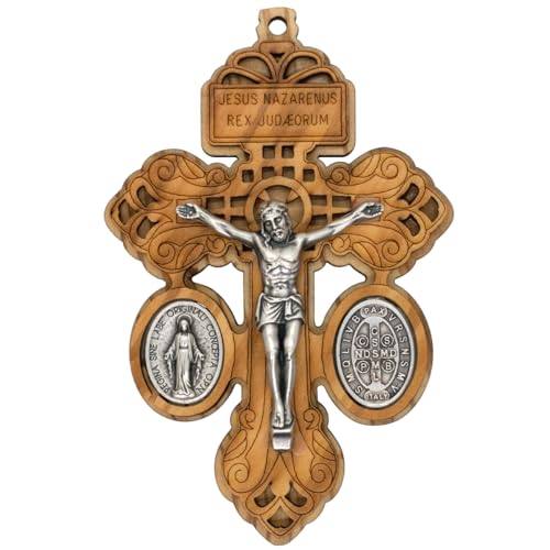 VILLAGE GIFT IMPORTERS Wooden Wall Pardon Crucifix | 3.25 Tall | Silver-Tone Metal Saint Benedict and Our Lady of Grace Medals | Catholic Home Decor for Small Prayer Spaces | Made in Italy