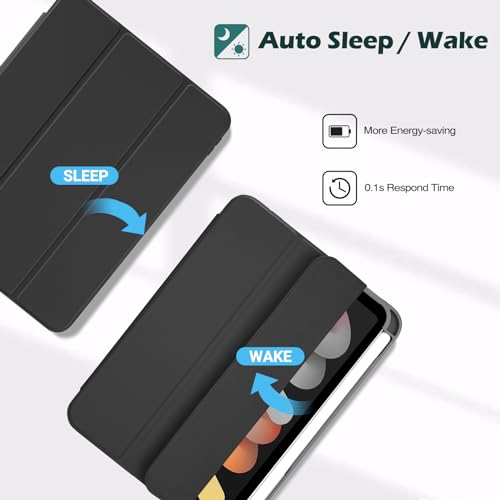 ProCase iPad Mini A17 Pro 第7世代 2024 Mini6 ケース 2021 8.3インチ ペンホルダー オートスリープ/ウェイク機能 耐衝撃 三つ折りスタンド 透明バックカバー 適用機種：iPad Mini A17 Pro 第7世代 2024、iPad Mini 6世代 2021 -ブラック