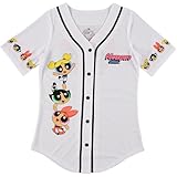 Ladies Powerpuff Girls Baseball Jersey - Powerpuff Mesh Button Down Baseball Jersey - Blossom Bubble and Buttercup Shirt (White Black, Large)