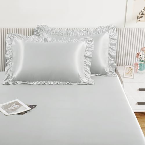 Image of Homiest Light Grey King Ruffle Pillowcase & Satin Fitted Sheet Set 3Pcs | Silky Satin Protects Hair And Skin, 15-Inch Deep Pocket, Pearlescent Soft Calming Tone, Easy Machine Wash Care