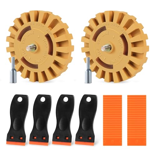 Pakeed 4in Decal Remover Eraser Wheel Heat-Resistant Rubber Eraser Wheel Preventing Damage to Car Paint & Clear Coats Car Sticker Remover with Plastic Razor Blade Scraper for Vinyl Decals,Labels
