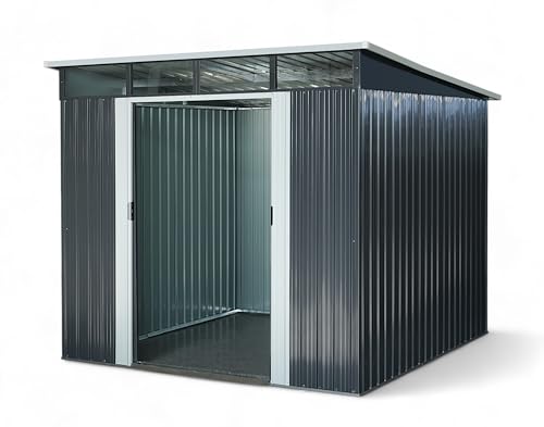 ALEOS. Gartenhaus Geräteschuppen mit Pultdach und großes Oberlichte - Fenster 5,6m² 239x236cm aus verzinktem Stahlblech anthrazit Metall mit Doppelschiebetür Türhöhe 173cm Schuppen Gartenhaus
