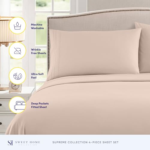 RV Queen Bed Sheets - Breathable Luxury Sheets with Full Elastic & Secure Corner Straps Built In - 1800 Supreme Collection Extra Soft Deep Pocket Bedding Set, Sheet Set, RV Short Queen, Beige