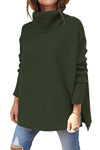 Image of LILLUSORY Women's Turtleneck Oversized Sweaters Long Batwing Sleeve Spilt Hem Tunic Pullover Knit Tops
