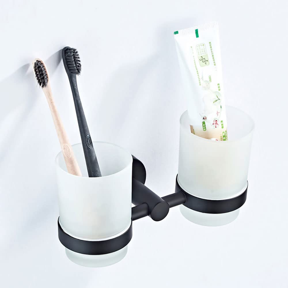 Portaspazzolino Doppio portaspazzolino da Parete in Ceramica con Bicchiere Vetro Smerigliato, Materiale Ottone