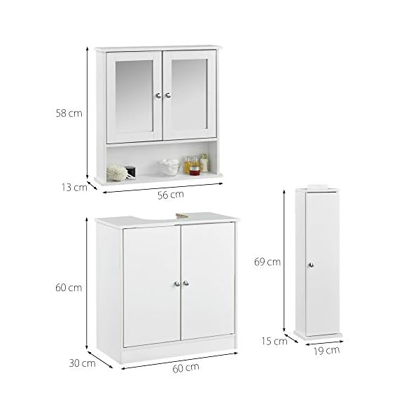 CARME Gatsby - 3 Piece Set White Bathroom Wall Mounted Cabinet with Mirror, Under Sink Storage Floor Unit - Image 8