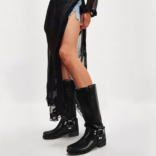 Women's Knee High Riding Boots Leather Studds Biker Boot Square Toe Block Chunky Heel Slip on Tall Motorcycle Boots Wide Mid Calf Booties Cute Comfortable Winter Shoes3