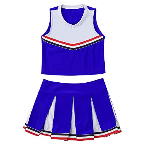 QinCiao Kids Girls Cheer Leader Uniform Cheerleading Costume School Musical Sleeveless Crop Top with Pleated Skirt Set Blue 12 - Thumbnail 3