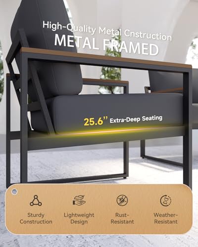 Image of Aoxun Patio Furniture Set, 4 Piece Outdoor Patio Furniture with Thick Cushions, Modern Metal Outdoor Conversation Sets with Coffee Table for Porch, Balcony, Deck Dark Grey