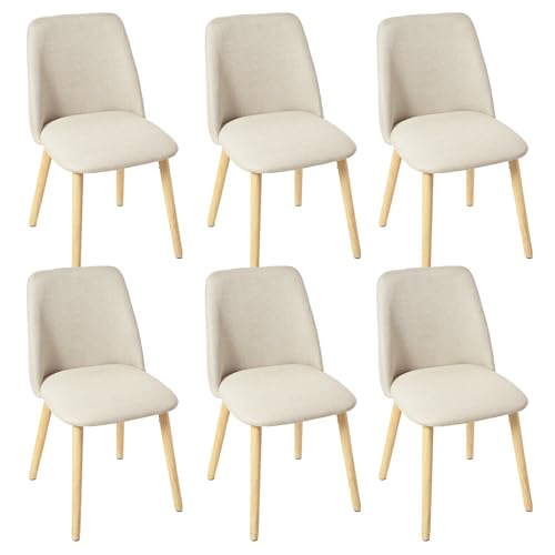 Goeurvant Chaises Beige Salle a Manger Lot de 6, Chaises Fauteuil en Lin avec Pieds en Bois et Dossier pour Salon, Cuisine et Bureau