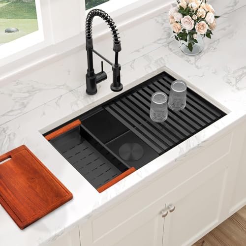 Image of 27 inch Undermount Kitchen Sink,16 Gauge Stainless Steel Black Kitchen Sink,Single Bowl Undermount Workstation Sinks (Black, 27 X 18 inch)