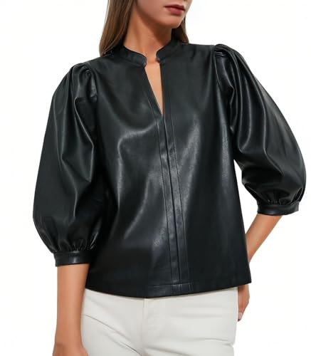 LifeShe Women's V Neck Faux Leather Blouse 3/4 Puff Sleeves PU