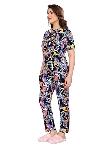 Image of VJ Fashion Women's Cotton Lycra Printed & Knitted Round Neck Night Wear Set of Top and Pazama