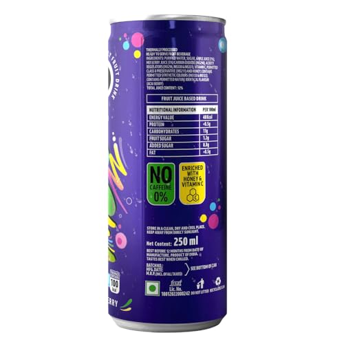 Image of Rio Acai Berry Vibe Bubbly Fruit Drink Can | Soft Drink | Exotic Fruit Juice + Fizz | Rich in Vitamin C and Honey | Pack of 24 | 250 ml