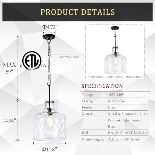 Image of CATINER 16 inch Farmhouse Hammered Glass Pendant Light, Black Hanging Light | 16 inch farmhouse hammered glass pendant light with hand-blown shade, adjustable chain and E26 socket for kitchen islands