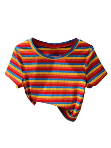 WDIRARA Womens Colorful Striped Short Sleeve Tee Shirt Y2k Crewneck Ribbed Knit Crop Tops Orange Small